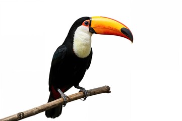 Naklejka premium Wildlife environments in tropical jungles. Large-beaked bird, also called a keel-billed toucan, resting on a tree branch in dense forest regions. Exploring the natural habitats of exotic birds.