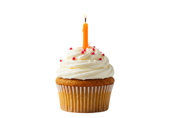 Single birthday cupcake with lit candle isolated on transparent background