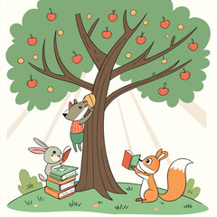 Vector illustration of Adorable animals enjoying an apple tree and books in a sunny meadow