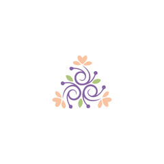 Floral ornamental logo, flowers and leaves, decorative element for boutique, spa, beauty, wellness, organic product branding, feminine, creative, botanical, cosmetic, therapy, organic, swirl icon.