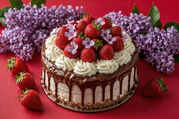 Chocolate-covered cheesecake topped with strawberries and lilac blossoms