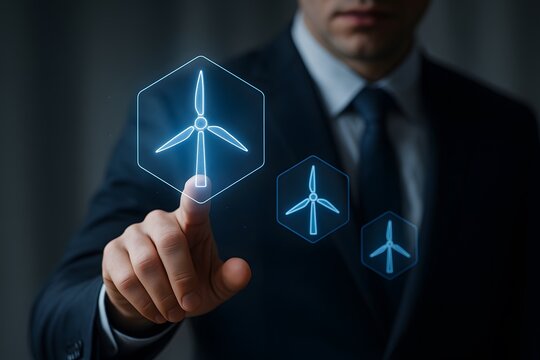 A person touching wind turbines icon on a screen. It shows a person in a suit interacting with a digital interface showcasing wind energy symbols