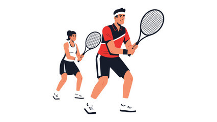 Tennis Match Dynamics: A captivating illustration featuring a man and woman engaged in a dynamic tennis match, rackets at the ready. capturing energy, motion, and focus.