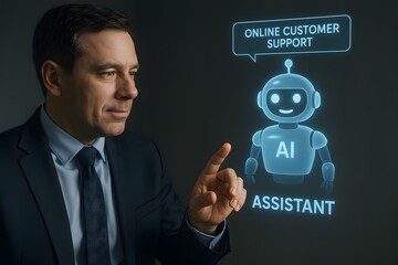 A man interacts with an AI assistant on a digital interface, illustrating technology and customer support. The image features the robot interface and the man in a suit with digital overlay