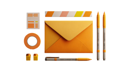 Orange stationery items arranged around an envelope.  Set includes pens, tape, and notepads.  3D illustration style