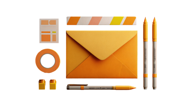 Orange stationery items arranged around an envelope.  Set includes pens, tape, and notepads.  3D illustration style