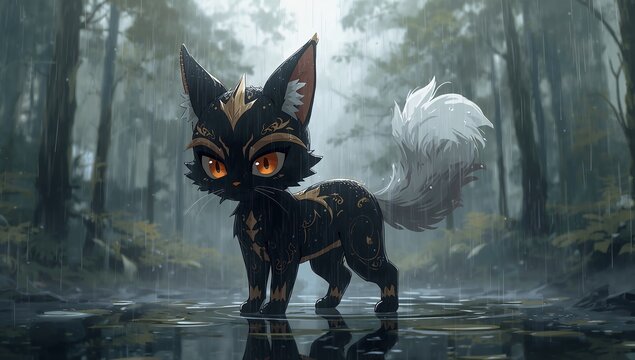 Photorealistic fantasy scene in anime style: a mystical feline with pointed ears, fluffy white tail, and black-gold patterns wanders through a rainy foggy forest. Raindrops shimmer on reflective surfa