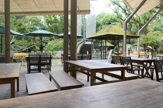 Nagoya, Japan &ndash; 15 Apr 2024: Outdoor seating at Miya Kishimen Jingu, Atsuta Shrine. Enjoy views of Kusanagi Square and Minami Kamiike while dining on local Kishimen noodles.