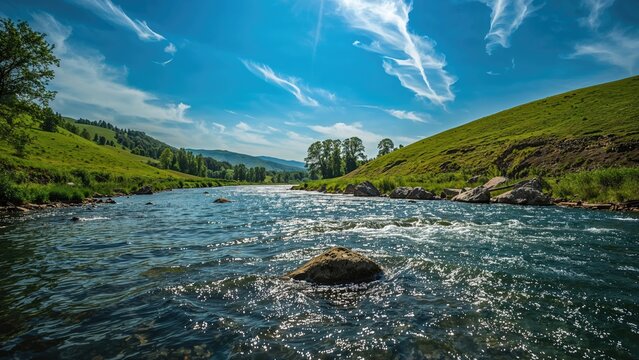 A breezy day with lush grassy hills and a river under an open sky