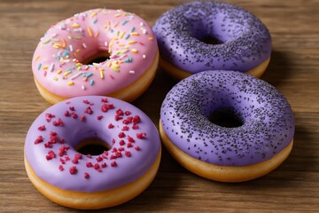 Vibrant glazed donuts with sprinkles and raspberry accents arranged on wood, highlighting a rich and tasty childhood favorite.