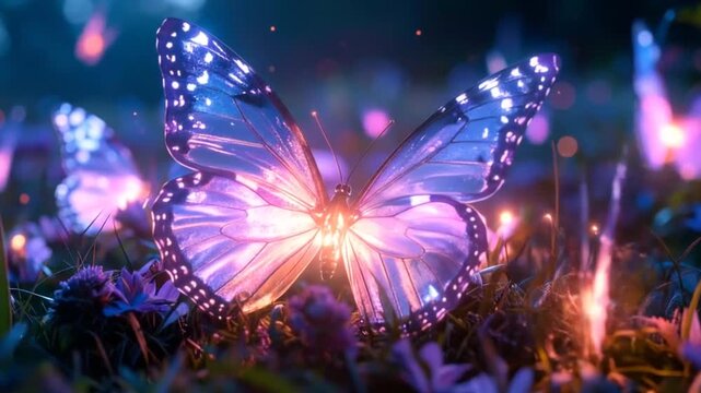 Glowing Butterflies Fluttering in a Magical Garden at Night