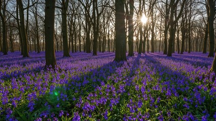Under the tree canopy, a woodland carpet of blooming bluebells thrives at dawn's first light.