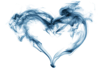 Blue ink heart shape abstract art isolated on transparent background. Grey blue smoke in heart shape isolated on white background.