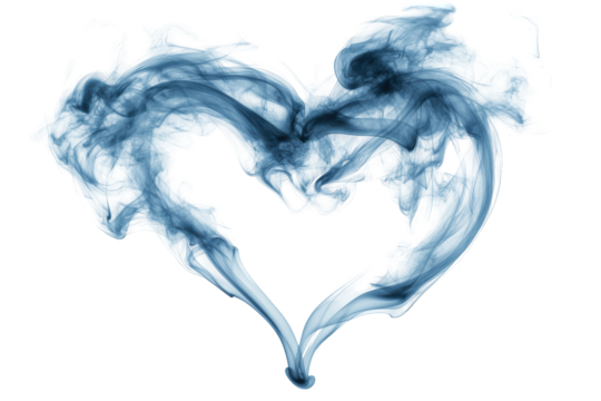 Blue ink heart shape abstract art isolated on transparent background. Grey blue smoke in heart shape isolated on white background.