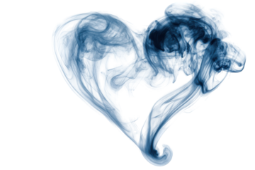 Blue ink heart shape abstract art isolated on transparent background. Grey blue smoke in heart shape isolated on white background.
