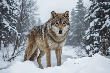 Naklejka premium Canine roaming through icy winter woods