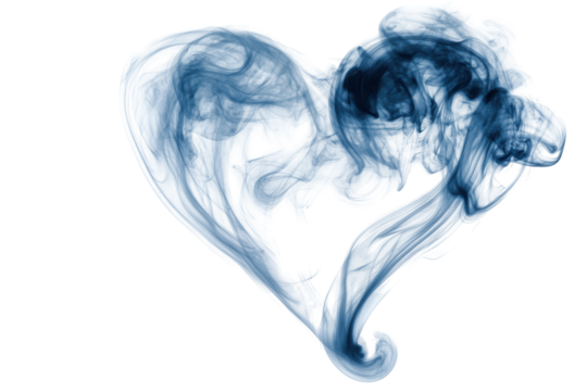 Blue ink heart shape abstract art isolated on transparent background. Grey blue smoke in heart shape isolated on white background.