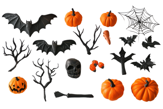Collection of halloween decorations including pumpkins skulls and gothic architecture isolated on transparent background. Halloween decorations elements isolated on white background.