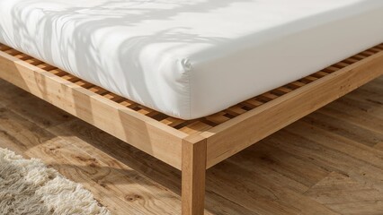 Cream mattress placed on a wooden bed structure