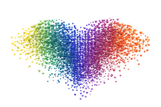 Rainbow heart shape made of small particles isolated on transparent background. Heart dot pride rainbow colors isolated on white background.