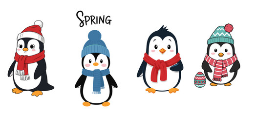 Penguins wearing winter hats and scarves celebrate spring. Seasonal greeting, cute characters, winter animals, illustration, decoration, celebration
