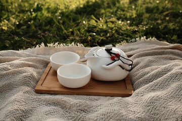 White China style teapot with lid and two empty cups on a wooden tray, placed outdoors on a blanket
