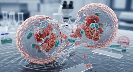 A detailed 3D illustration of cellular division in a futuristic science laboratory, showcasing the process of mitosis and scientific research