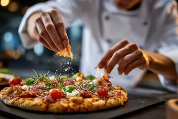 Chef garnishes freshly baked pizza with herbs and tomatoes in a modern kitchen setting