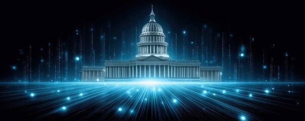 Digital Economy Policy concept. A futuristic depiction of a grand building with a dome, surrounded by glowing blue lines and digital elements, suggesting a blend of architecture and technology.