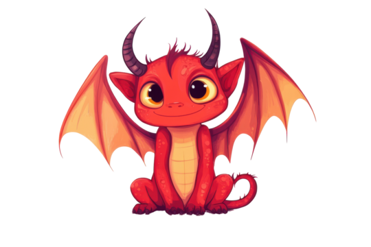 Cute cartoon baby dragon with wings and horns isolated on transparent background. Little cute devil isolated on white background.