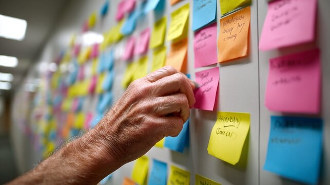 Social media manager organizing content strategy with sticky notes on a wall