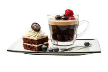 Delicious chocolate cake and coffee with berries isolated on transparent background.