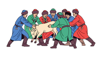 Kokpar: A group of men fiercely engage in a traditional Kokpar game, embodying the spirit of strength, unity, and the thrill of competition.