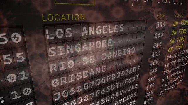 Airport information board and covid-19 cells floating against red background - Powered by Adobe
