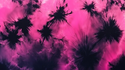 A mesmerizing abstract background featuring a unique pattern of black ink explosions or splatters on a vibrant, fuchsia-pink canvas.
