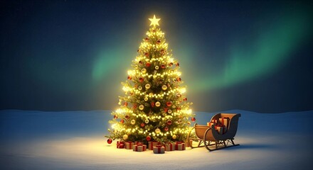Magical Christmas tree glowing under aurora borealis with gifts in snow