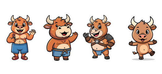 Cartoon bulls stand waving. Mascot characters, zodiac animals, fantasy bull collection, vector art, cute design, comic.