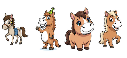 Fototapeta premium Cartoon horses pose with smiles and expressions. Cute, playful, animal, pony, illustration, drawing