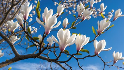 Sunlit magnolia blossoms on white branches with a bright blue backdrop