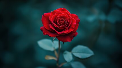 Low Angle Macro Shot of Red Rose Against Dark Green Background, Cinematic Natural Light, f/2.8 Shallow Depth
