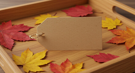 Blank kraft paper tag surrounded by vibrant autumn leaves on a wooden tray, perfect for seasonal promotions