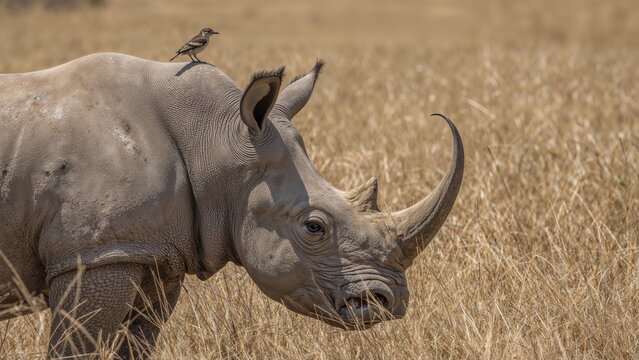 White rhino displaying massive horns and a bird resting atop its head, set against dry grass, iconic to big five wildlife.