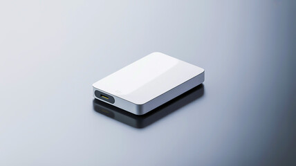A minimalist product photograph of a sleek white external hard drive on a smooth gray gradient background.
