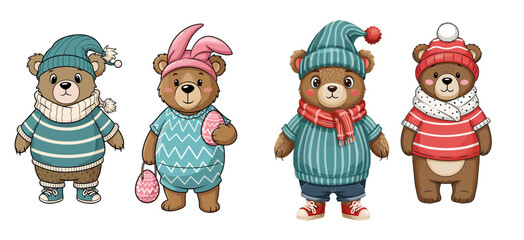 Cartoon bears dressed in winter and Easter clothes stand together. Cute, whimsical, illustration, seasonal, celebration, holidays, easter, winter, fun, adorable