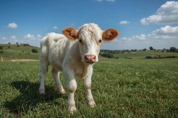Fototapeta premium Young White Shorthorn calf grazing in rural farmland