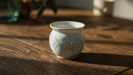 Porcelain chamber vessel placed on a wooden surface with focused detail