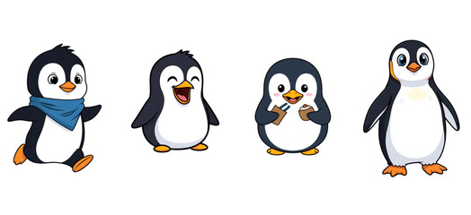 Naklejka premium Cute penguins, characters set. Cartoon animals, funny and happy. Illustration, wildlife, antarctica, polar, ice, birds, animal, nature, baby, comic.