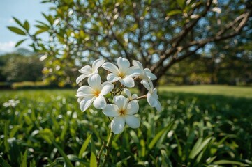 Obraz premium Lovely white frangipani blossoms in bloom