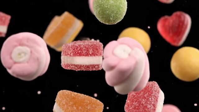 A mesmerizing slow-motion video of various colorful gummy candies and marshmallows floating against a stark black background, a perfect abstract visual for dessert promotions