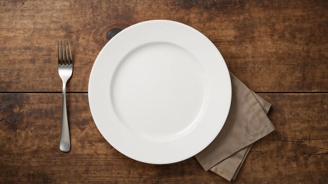 Aerial view of a white dinner plate and a brown fabric napkin placed on a rustic brown wooden table. Flat lay with copy space for banner use. - Powered by Adobe